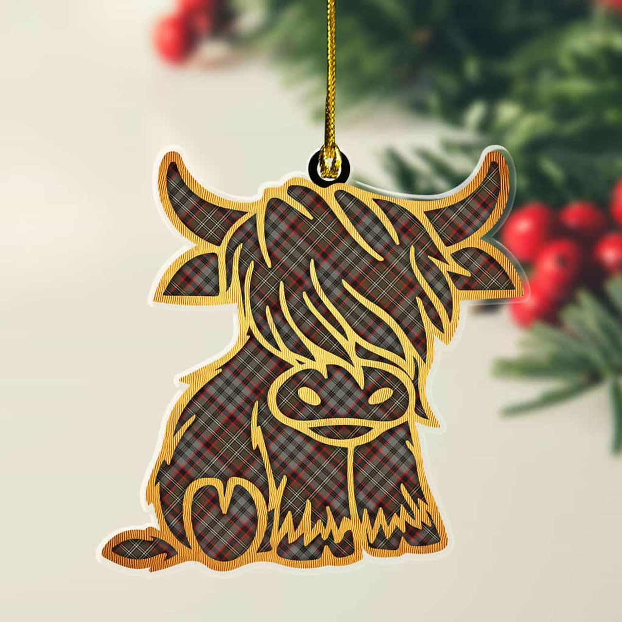 ScotsTee Shop Scottish Nicolson Hunting Weathered Plaid Gold Tartan Highland Cow Ornament