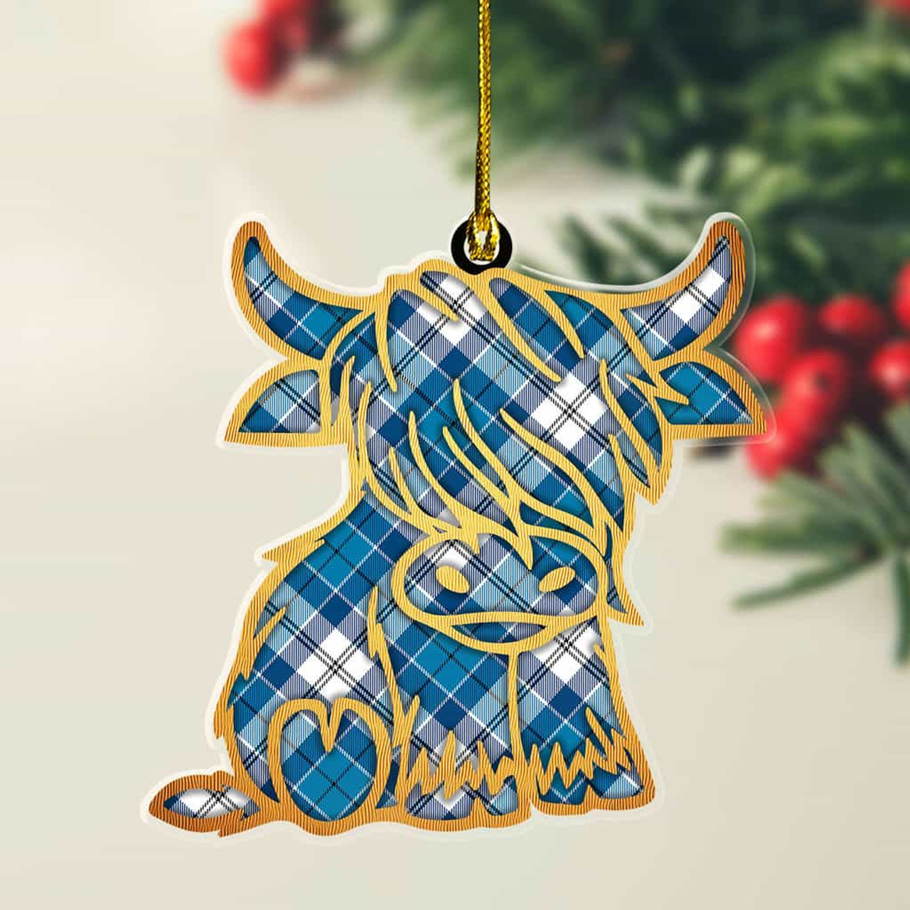ScotsTee Shop Scottish Roberton Plaid Gold Tartan Highland Cow Ornament