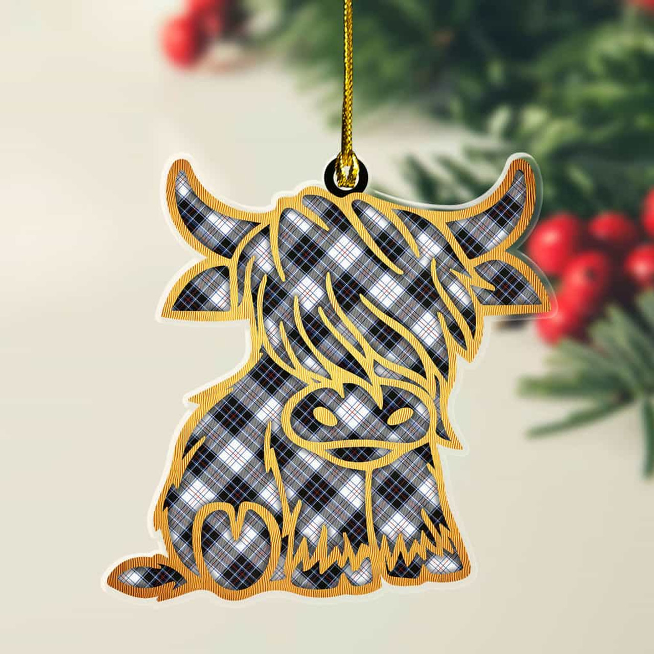 ScotsTee Shop Scottish MacRae Dress Modern Plaid Gold Tartan Highland Cow Ornament