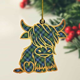 ScotsTee Shop Scottish MacNeill of Barra Ancient Plaid Gold Tartan Highland Cow Ornament