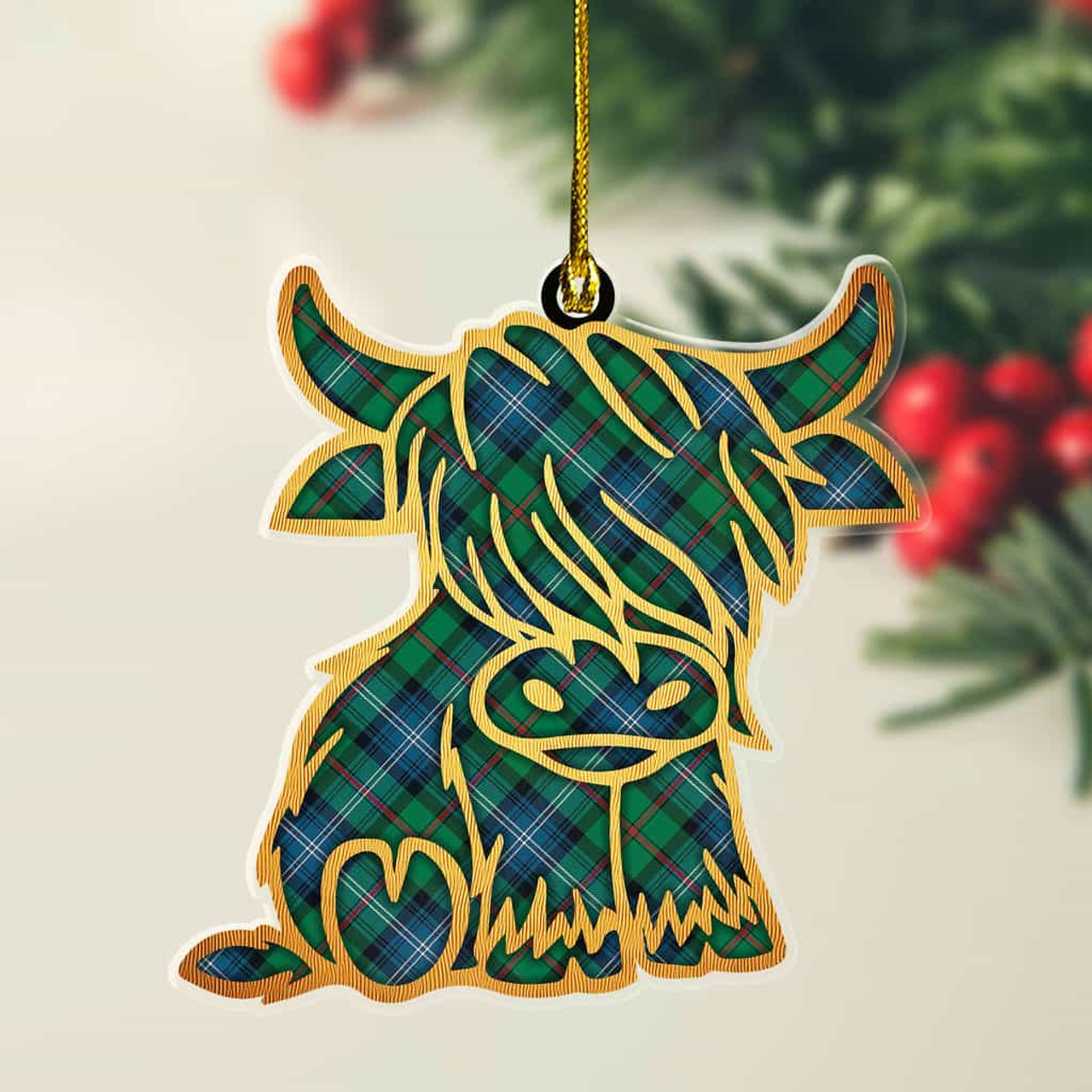 ScotsTee Shop Scottish Urquhart Ancient Plaid Gold Tartan Highland Cow Ornament