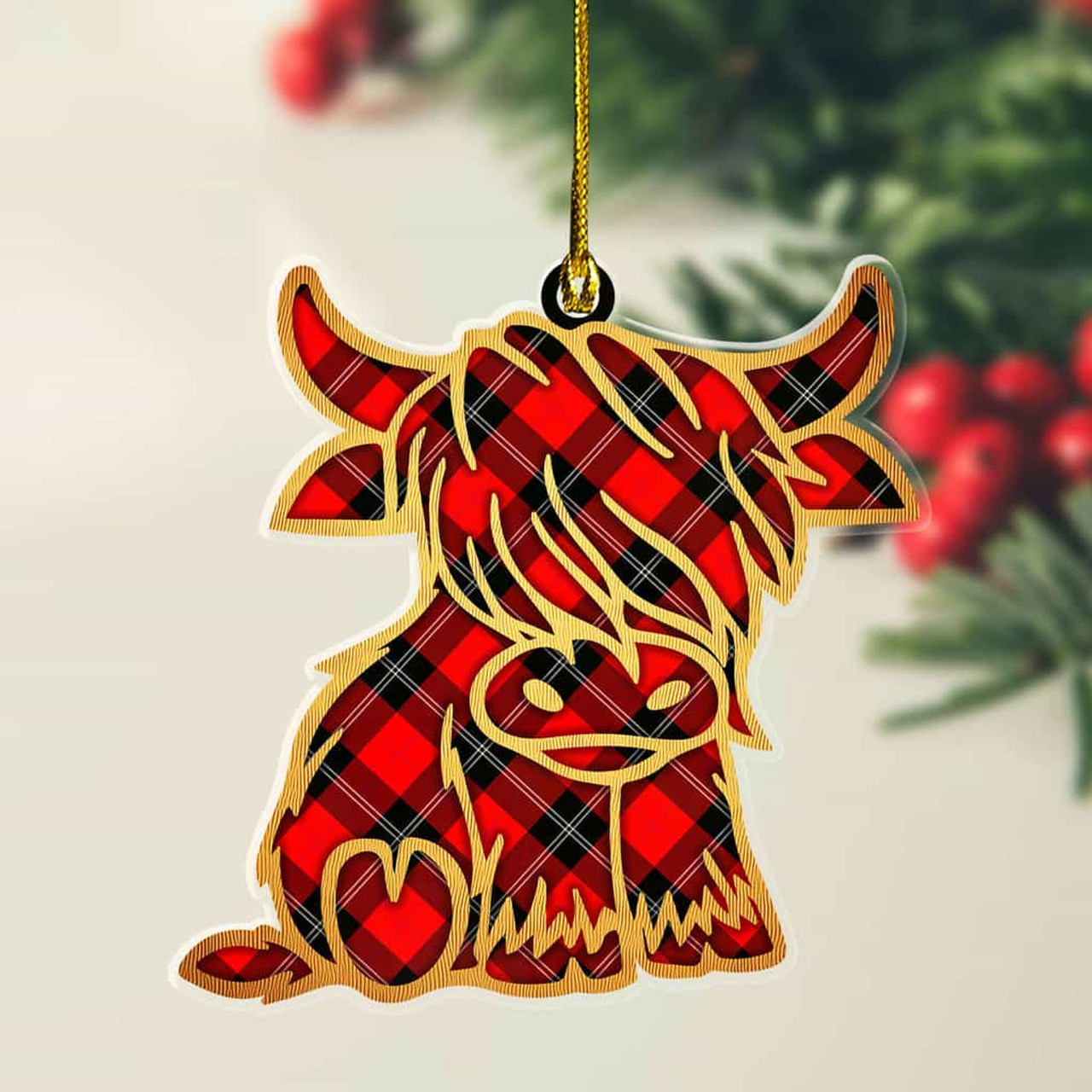 ScotsTee Shop Scottish Ramsay Modern Plaid Gold Tartan Highland Cow Ornament