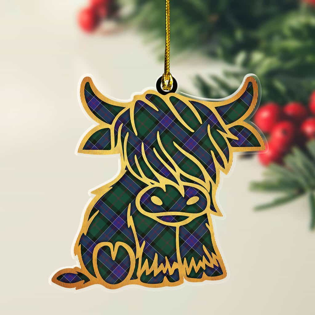 ScotsTee Shop Scottish Sinclair Hunting Modern Plaid Gold Tartan Highland Cow Ornament