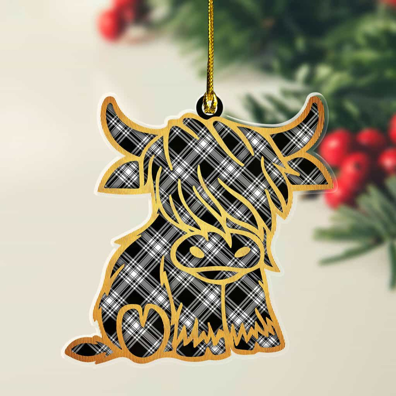 ScotsTee Shop Scottish Menzies Black & White Modern Plaid Gold Tartan Highland Cow Ornament