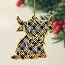 ScotsTee Shop Scottish Menzies Black & White Modern Plaid Gold Tartan Highland Cow Ornament