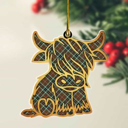 ScotsTee Shop Scottish Thomson Hunting Modern Plaid Gold Tartan Highland Cow Ornament