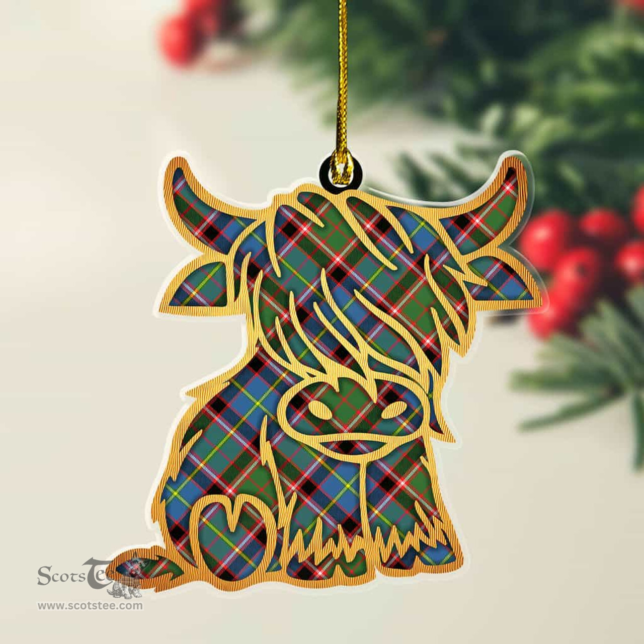 ScotsTee Shop Scottish Stirling & Bannockburn District Plaid Gold Tartan Highland Cow Ornament