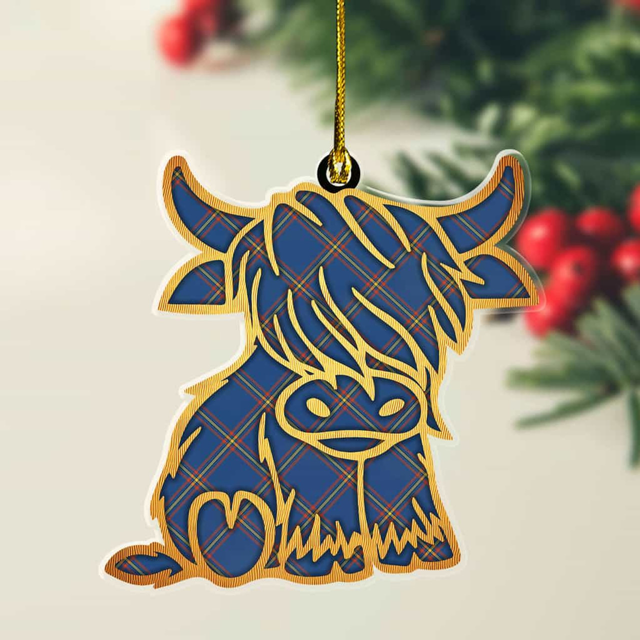 ScotsTee Shop Scottish MacLaine of Loch Buie Hunting Ancient Plaid Gold Tartan Highland Cow Ornament