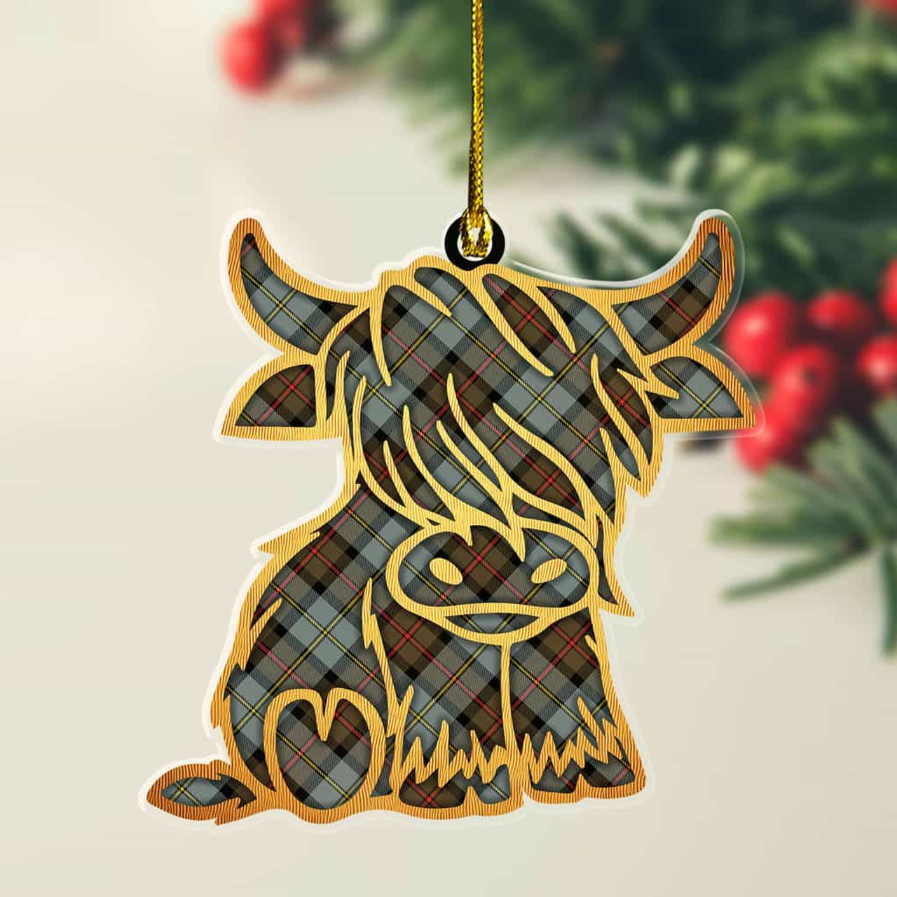 ScotsTee Shop Scottish MacLeod of Harris Weathered Plaid Gold Tartan Highland Cow Ornament