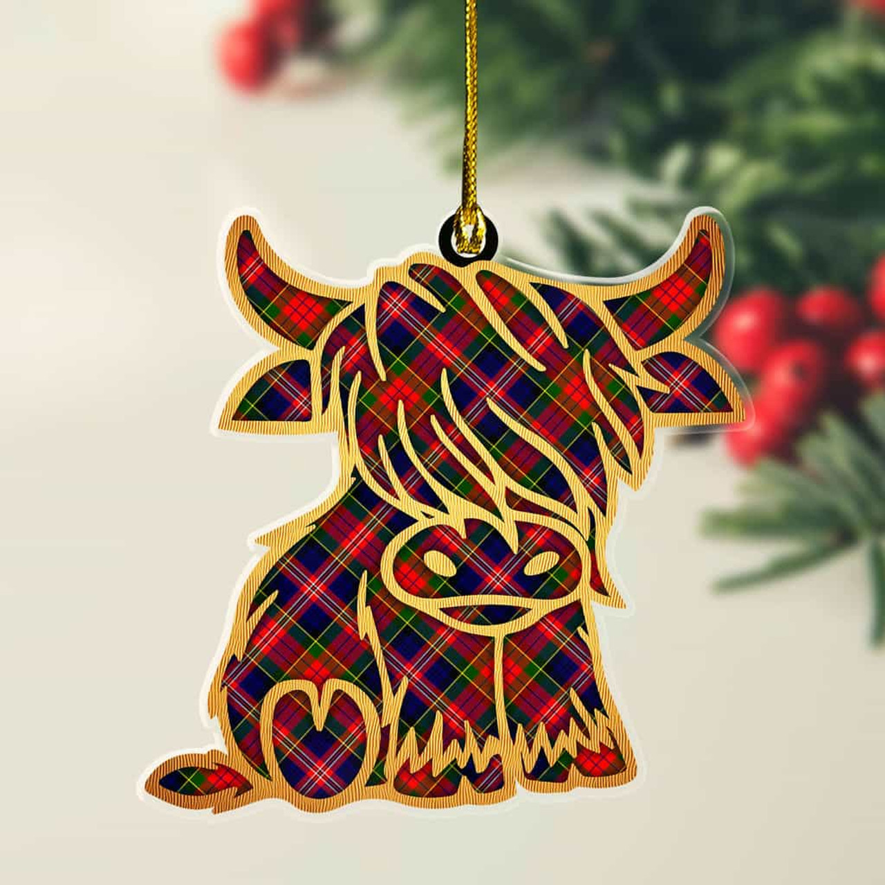 ScotsTee Shop Scottish MacPherson Modern Plaid Gold Tartan Highland Cow Ornament