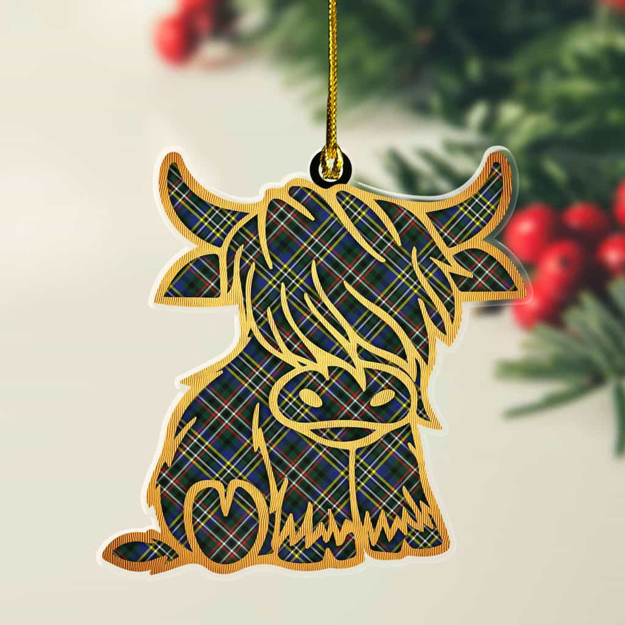 ScotsTee Shop Scottish Scott Green Modern Plaid Gold Tartan Highland Cow Ornament