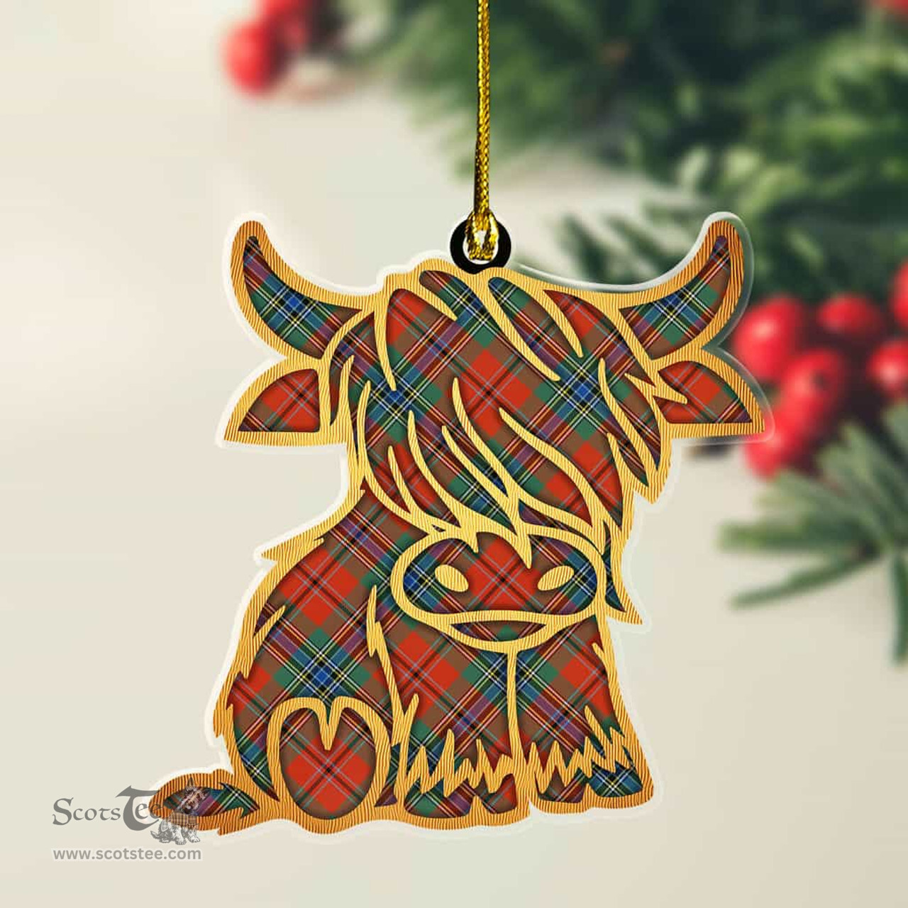 ScotsTee Shop Scottish MacLean of Duart Ancient Plaid Gold Tartan Highland Cow Ornament