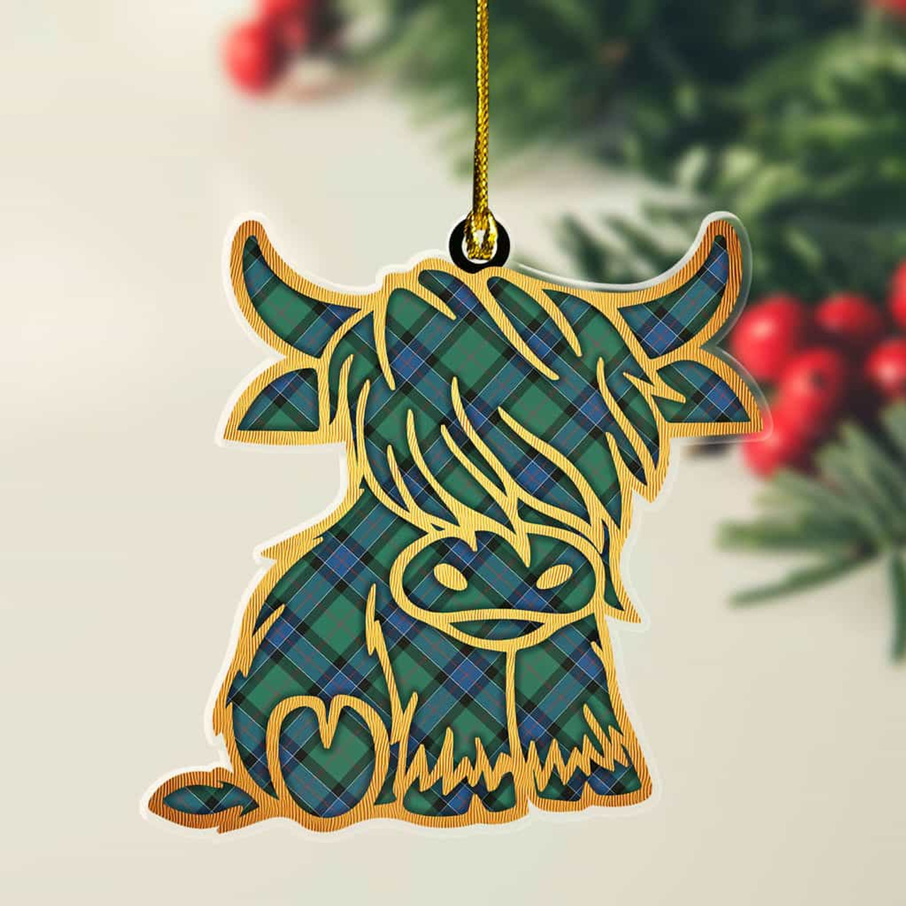 ScotsTee Shop Scottish Sinclair Hunting Ancient Plaid Gold Tartan Highland Cow Ornament