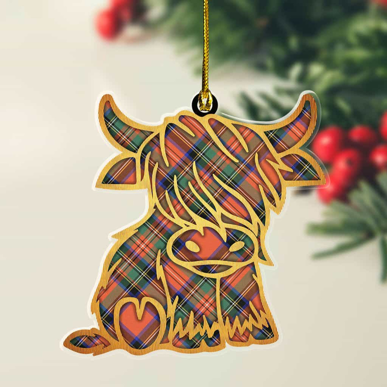 ScotsTee Shop Scottish Stewart Royal Ancient Plaid Gold Tartan Highland Cow Ornament
