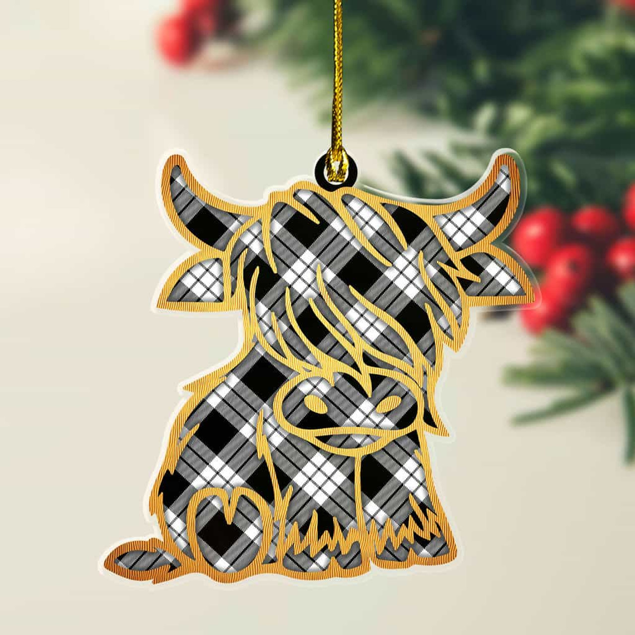 ScotsTee Shop Scottish MacFarlane Black & White Plaid Gold Tartan Highland Cow Ornament