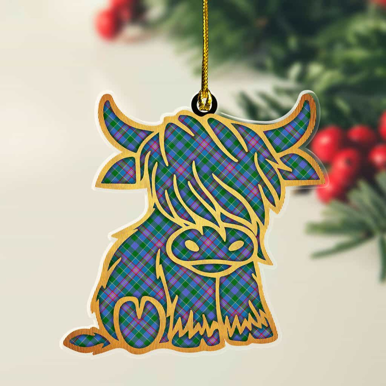 ScotsTee Shop Scottish Pitcairn Hunting Plaid Gold Tartan Highland Cow Ornament