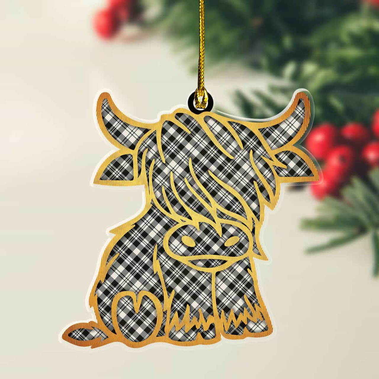 ScotsTee Shop Scottish Scott Black & White Ancient Plaid Gold Tartan Highland Cow Ornament