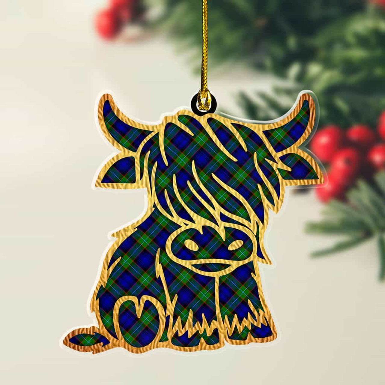 ScotsTee Shop Scottish Sempill Modern Plaid Gold Tartan Highland Cow Ornament