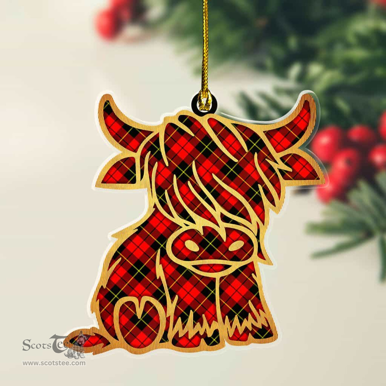 ScotsTee Shop Scottish Wallace Hunting - Red Plaid Gold Tartan Highland Cow Ornament