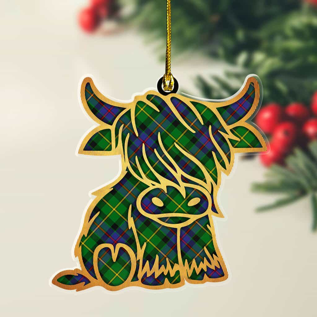 ScotsTee Shop Scottish Tait Modern Plaid Gold Tartan Highland Cow Ornament