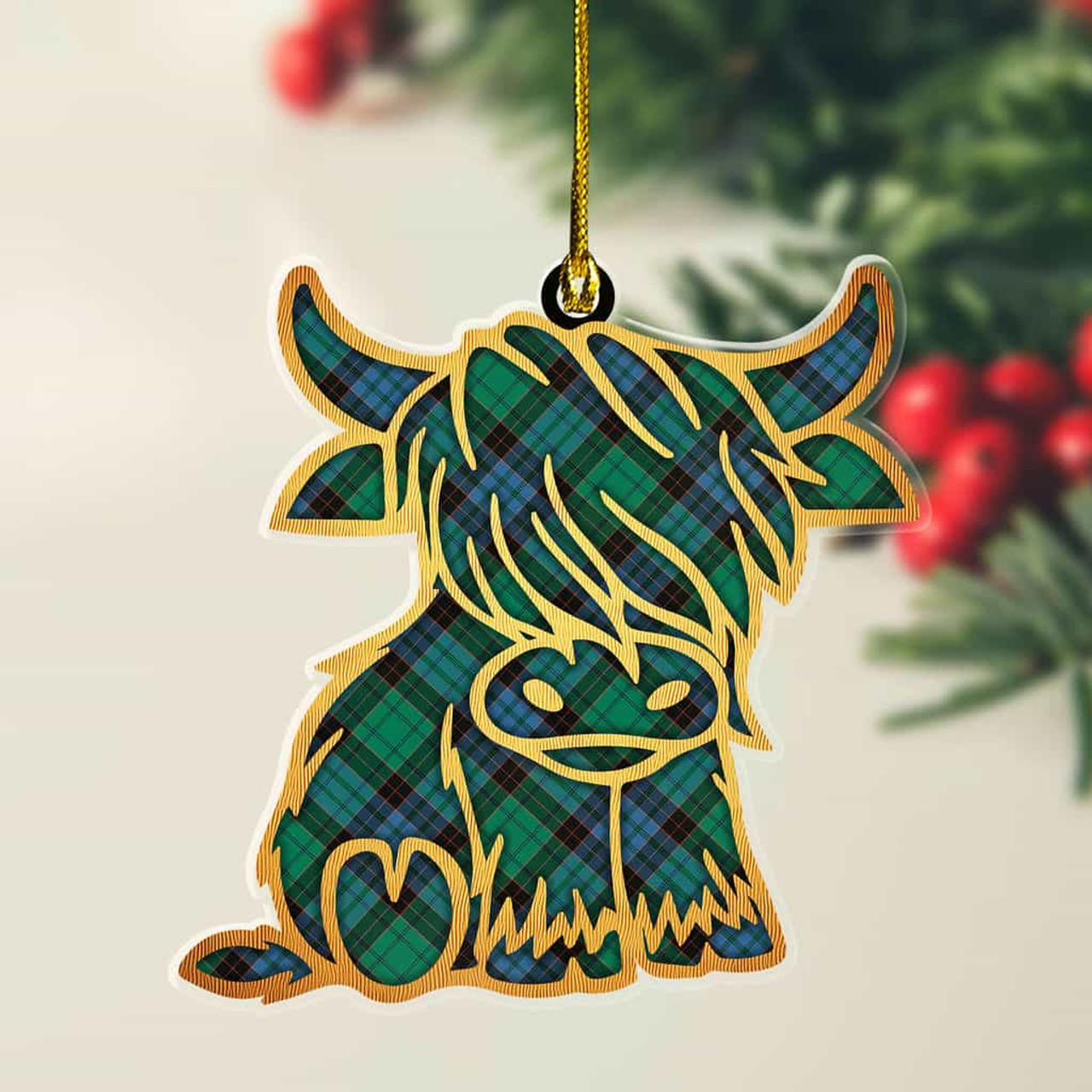 ScotsTee Shop Scottish Stewart Old Ancient Plaid Gold Tartan Highland Cow Ornament
