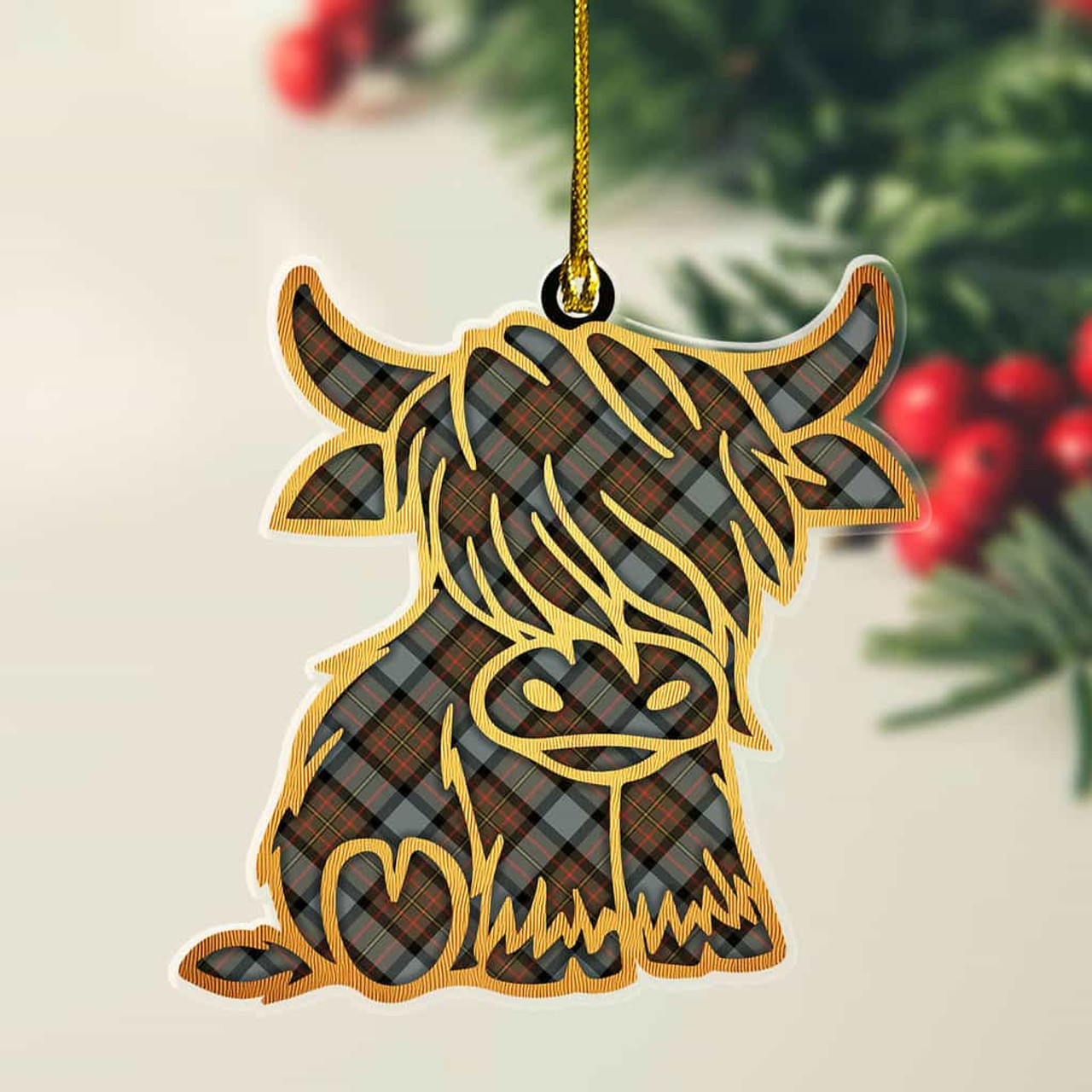 ScotsTee Shop Scottish MacLaren Weathered Plaid Gold Tartan Highland Cow Ornament