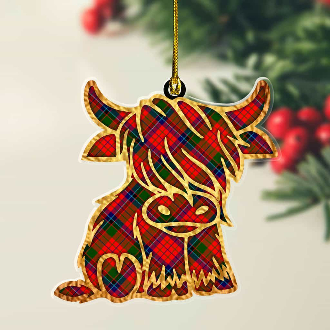 ScotsTee Shop Scottish Nicolson Modern Plaid Gold Tartan Highland Cow Ornament