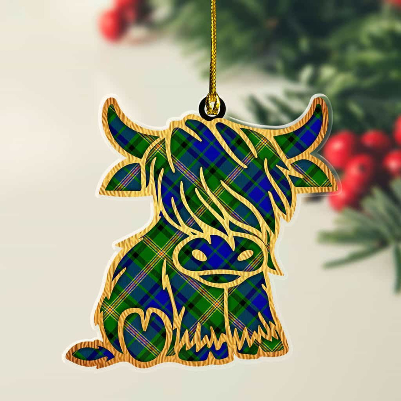 ScotsTee Shop Scottish Maitland Plaid Gold Tartan Highland Cow Ornament