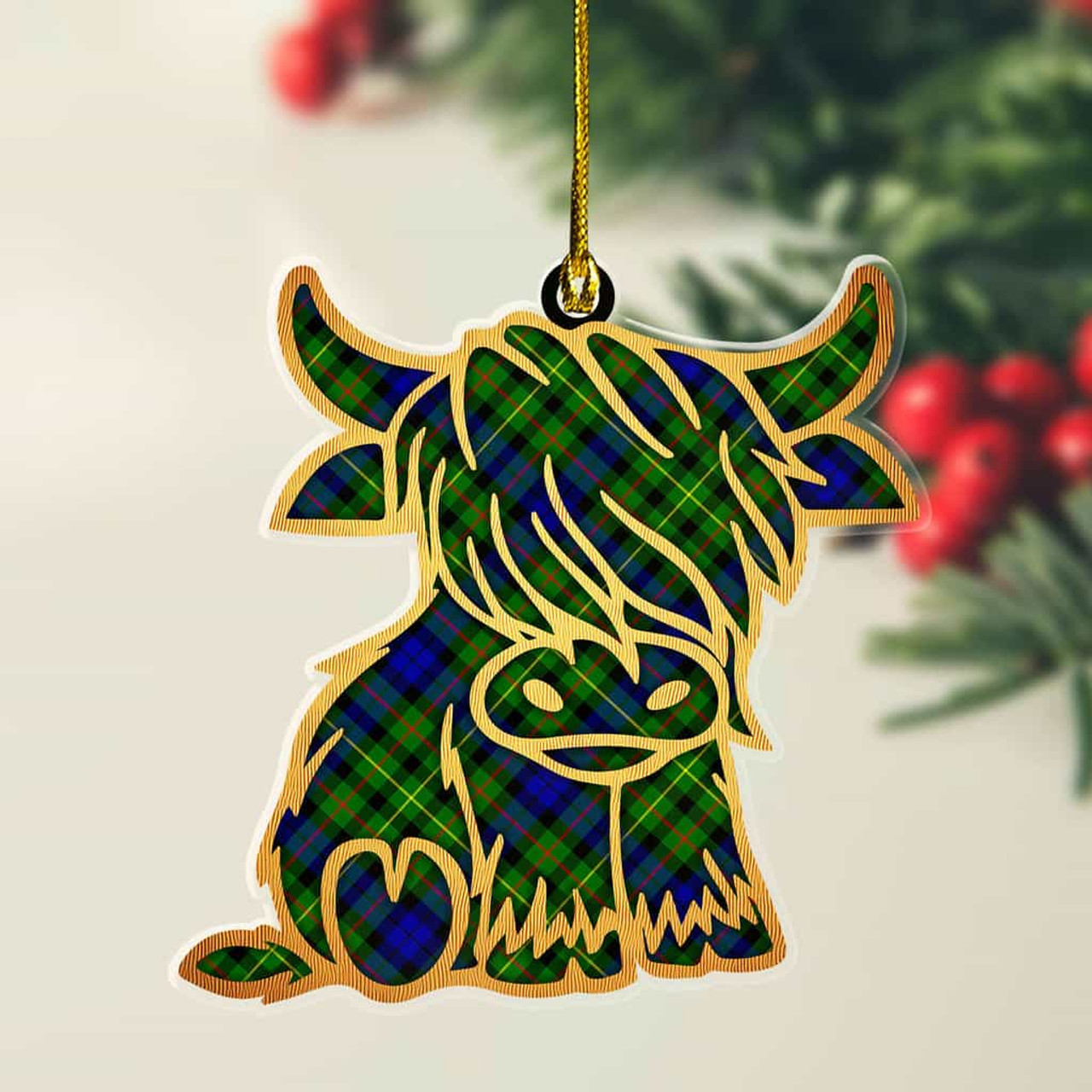 ScotsTee Shop Scottish Rollo Modern Plaid Gold Tartan Highland Cow Ornament