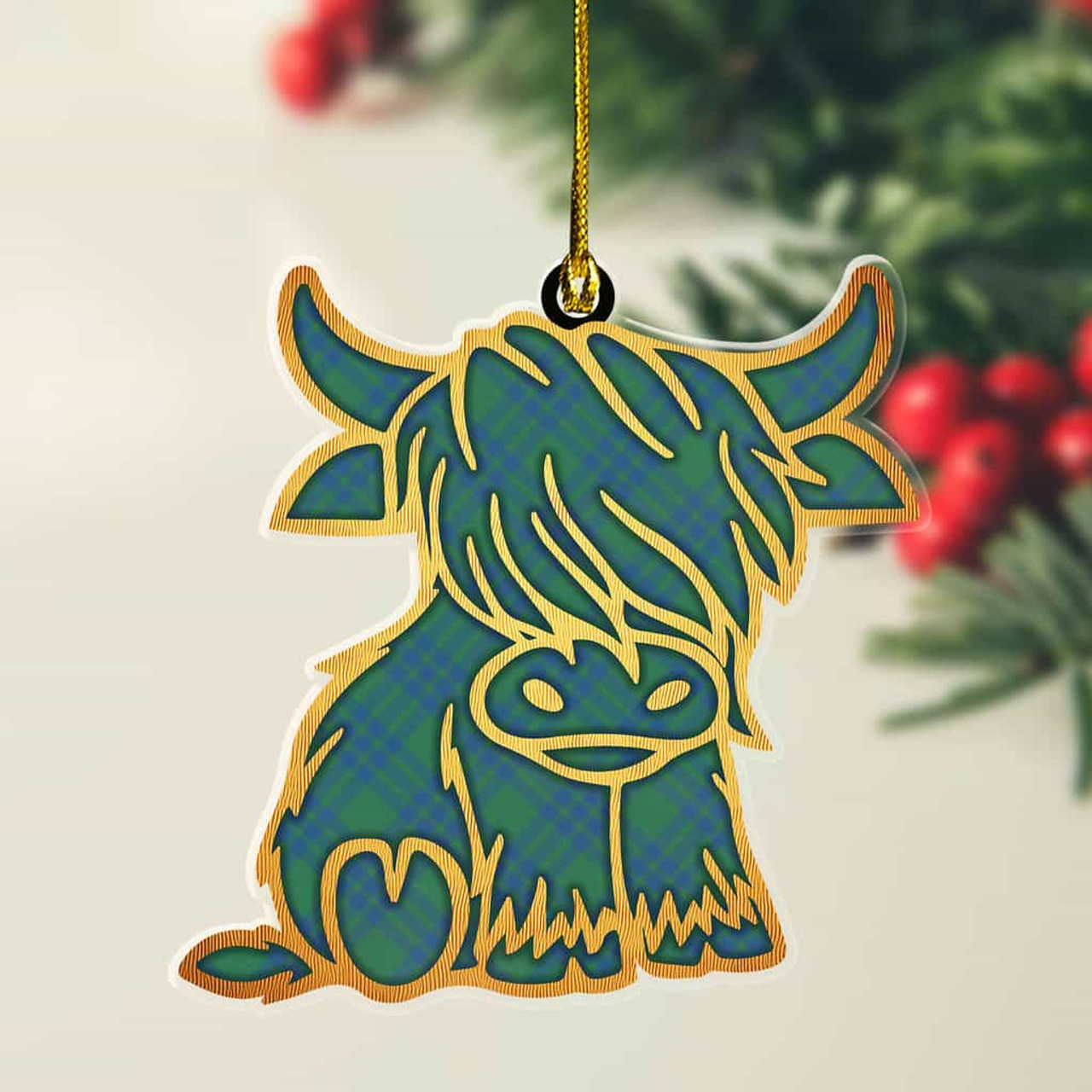 ScotsTee Shop Scottish Montgomery Ancient Plaid Gold Tartan Highland Cow Ornament