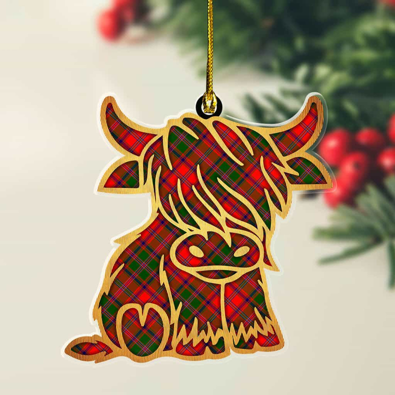 ScotsTee Shop Scottish Stewart of Appin Modern Plaid Gold Tartan Highland Cow Ornament