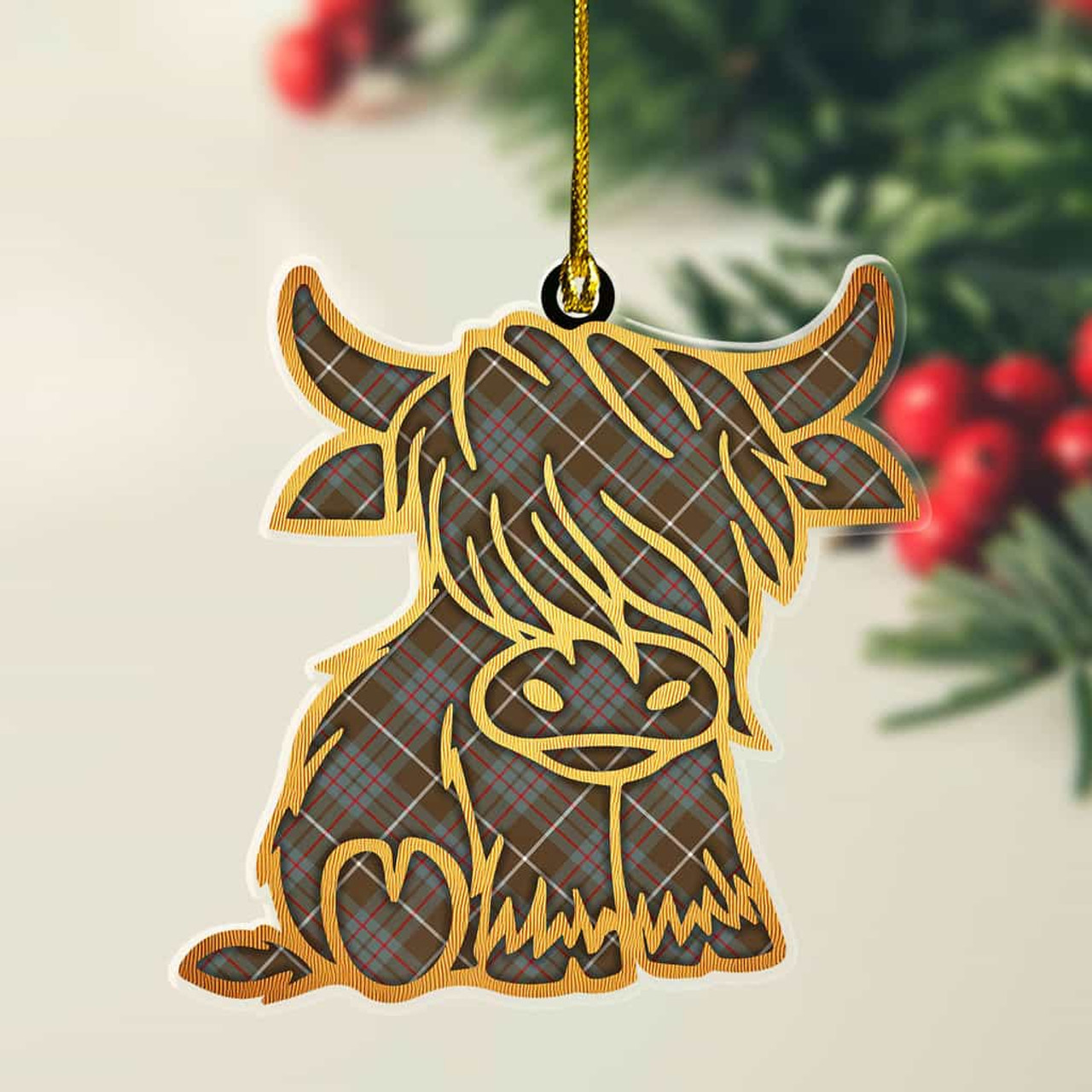 ScotsTee Shop Scottish MacIntyre Hunting Weathered Plaid Gold Tartan Highland Cow Ornament