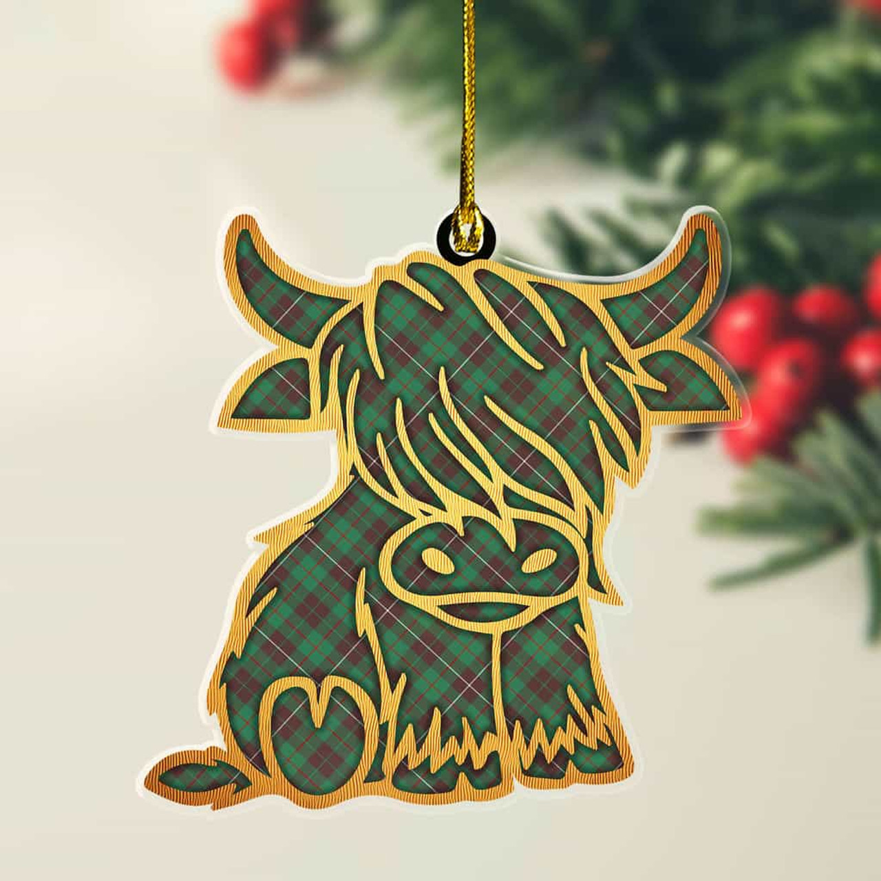 ScotsTee Shop Scottish MacKinnon Hunting Ancient Plaid Gold Tartan Highland Cow Ornament