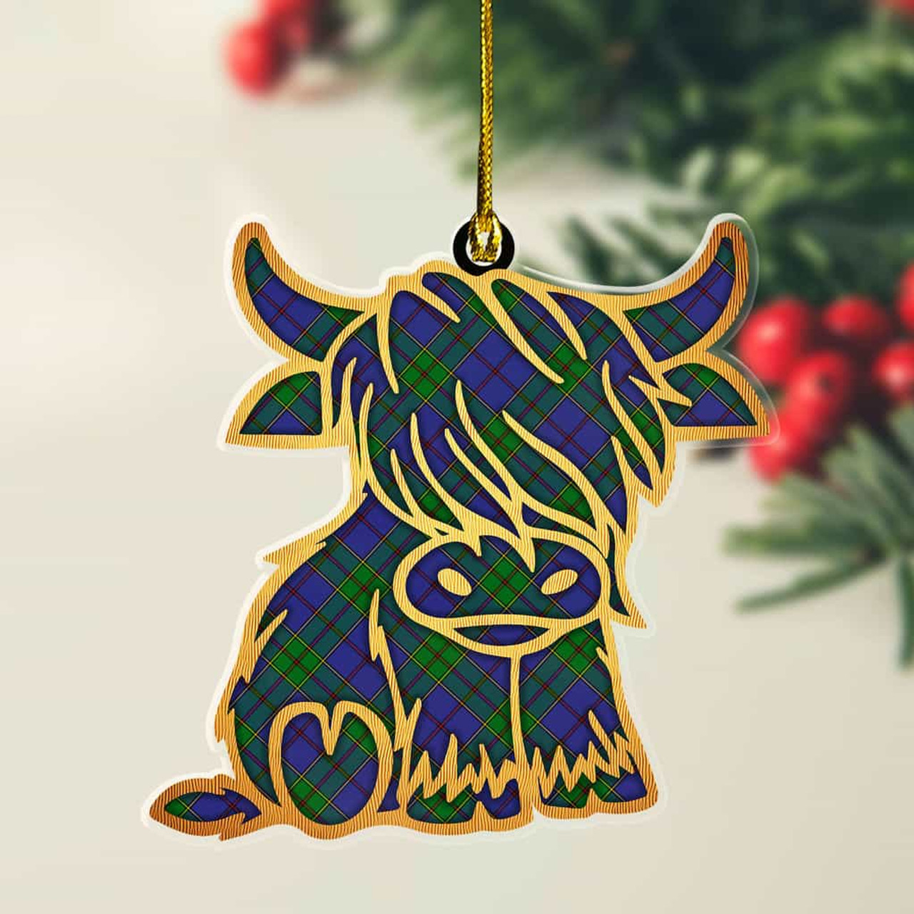 ScotsTee Shop Scottish Strachan Plaid Gold Tartan Highland Cow Ornament