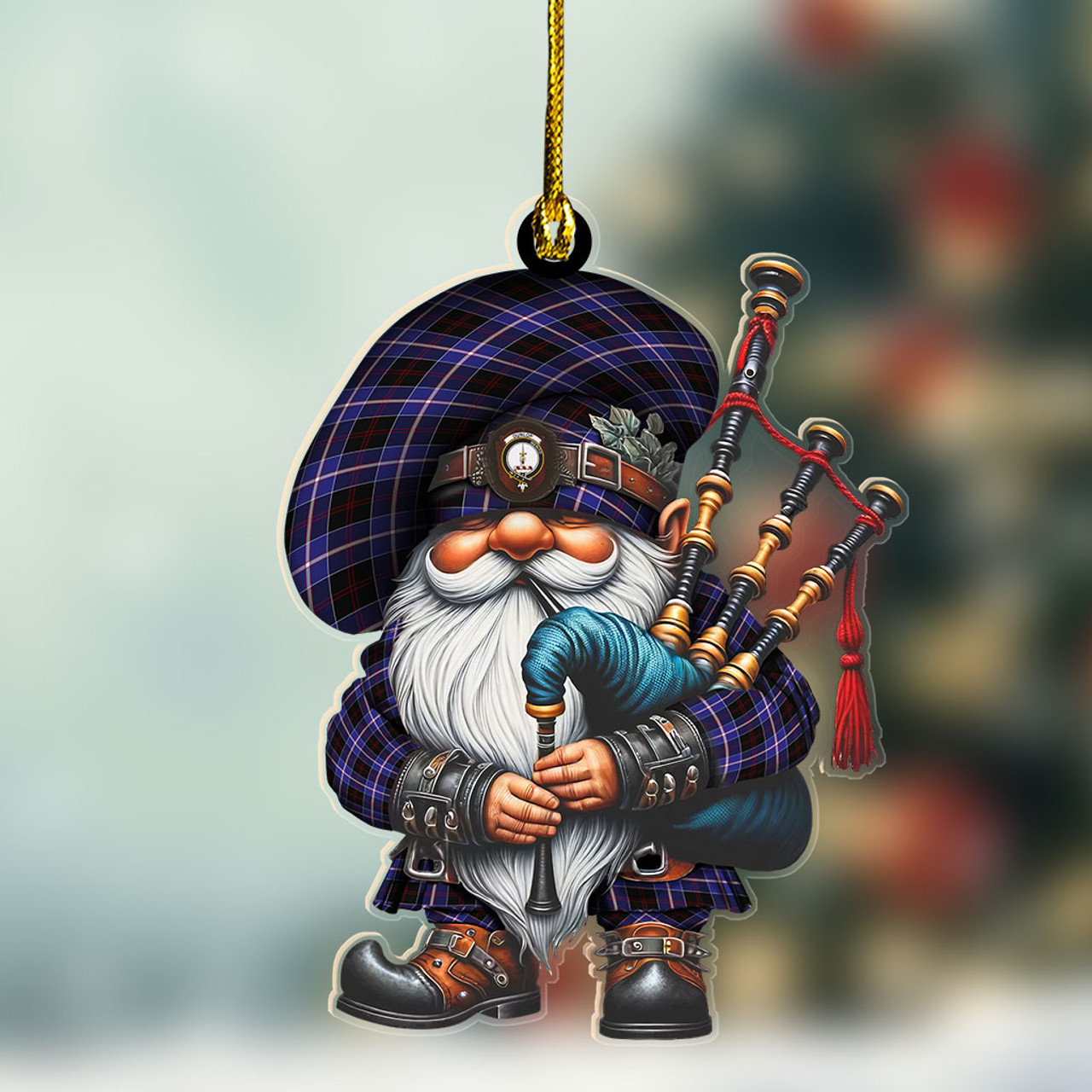ScotsTee Shop Scottish Dunlop Crest Tartan Bagpiper Gnome, Scottish Gnome with Bagpipes Ornament