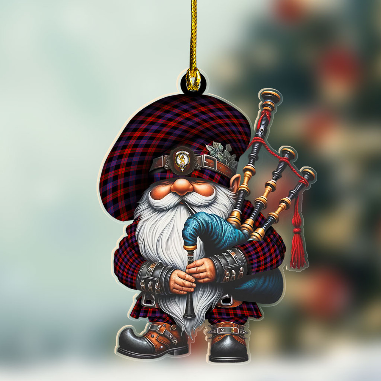 ScotsTee Shop Scottish Broun Crest Tartan Bagpiper Gnome, Scottish Gnome with Bagpipes Ornament