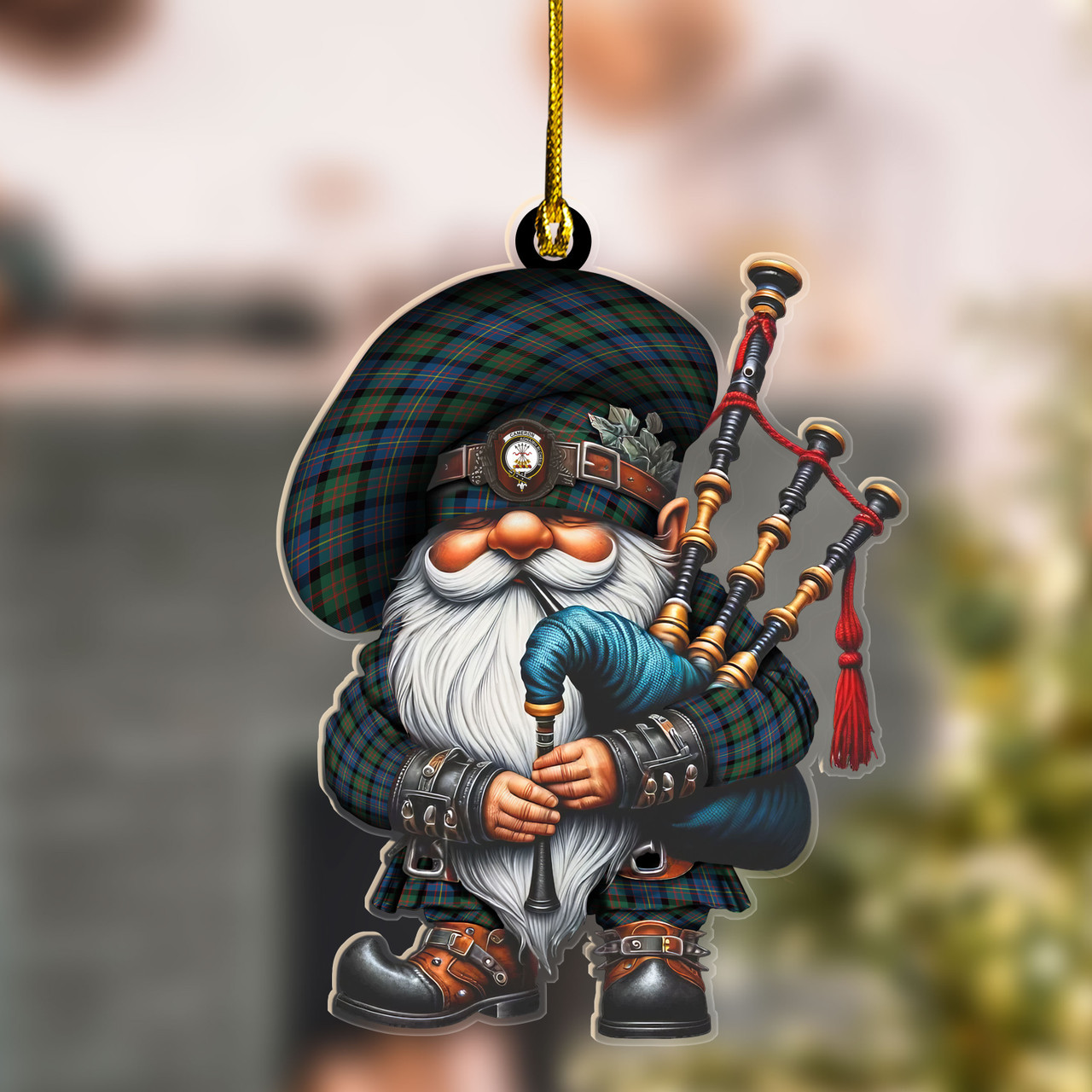 ScotsTee Shop Scottish Cameron of Erracht Crest Tartan Bagpiper Gnome, Scottish Gnome with Bagpipes Ornament