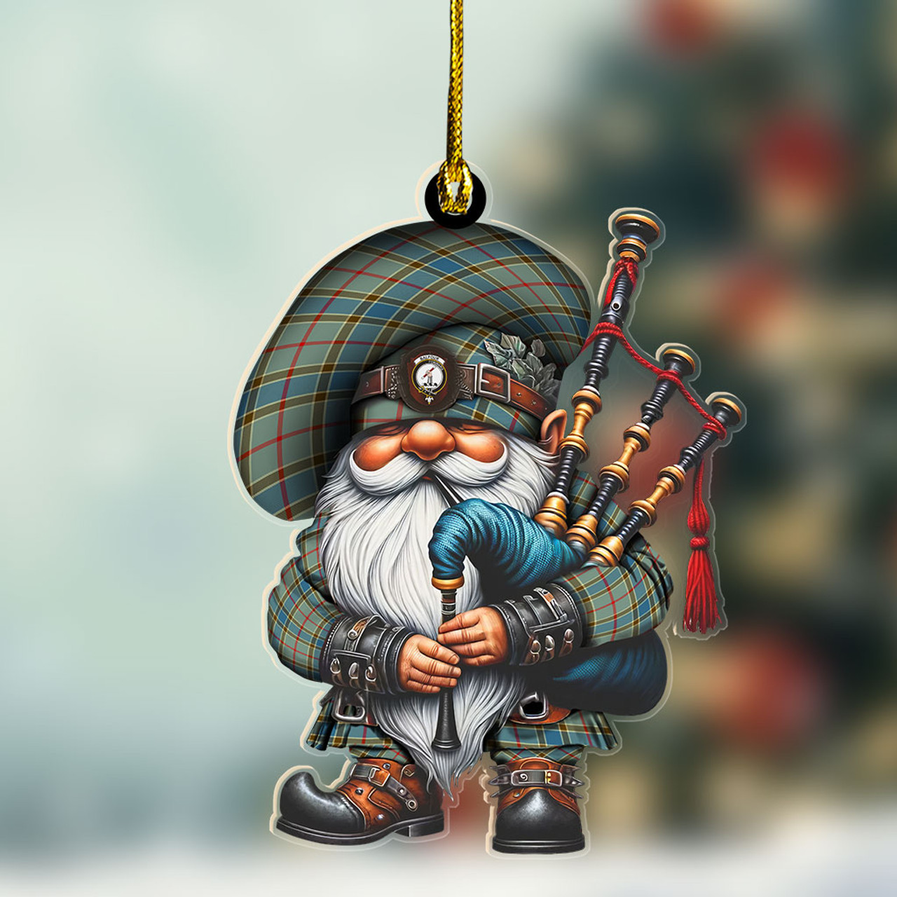 ScotsTee Shop Scottish Balfour Crest Tartan Bagpiper Gnome, Scottish Gnome with Bagpipes Ornament