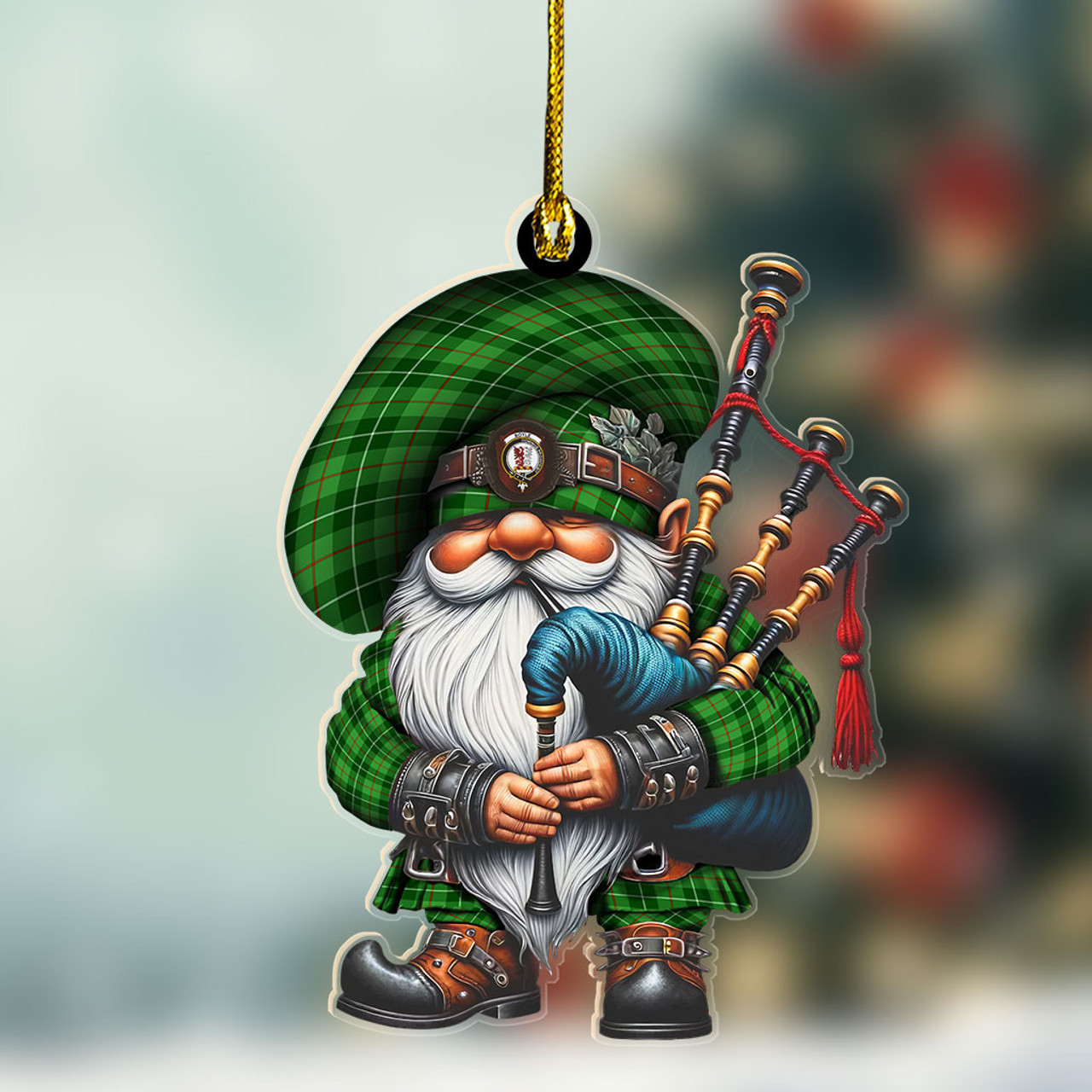 ScotsTee Shop Scottish Boyle Crest Tartan Bagpiper Gnome, Scottish Gnome with Bagpipes Ornament