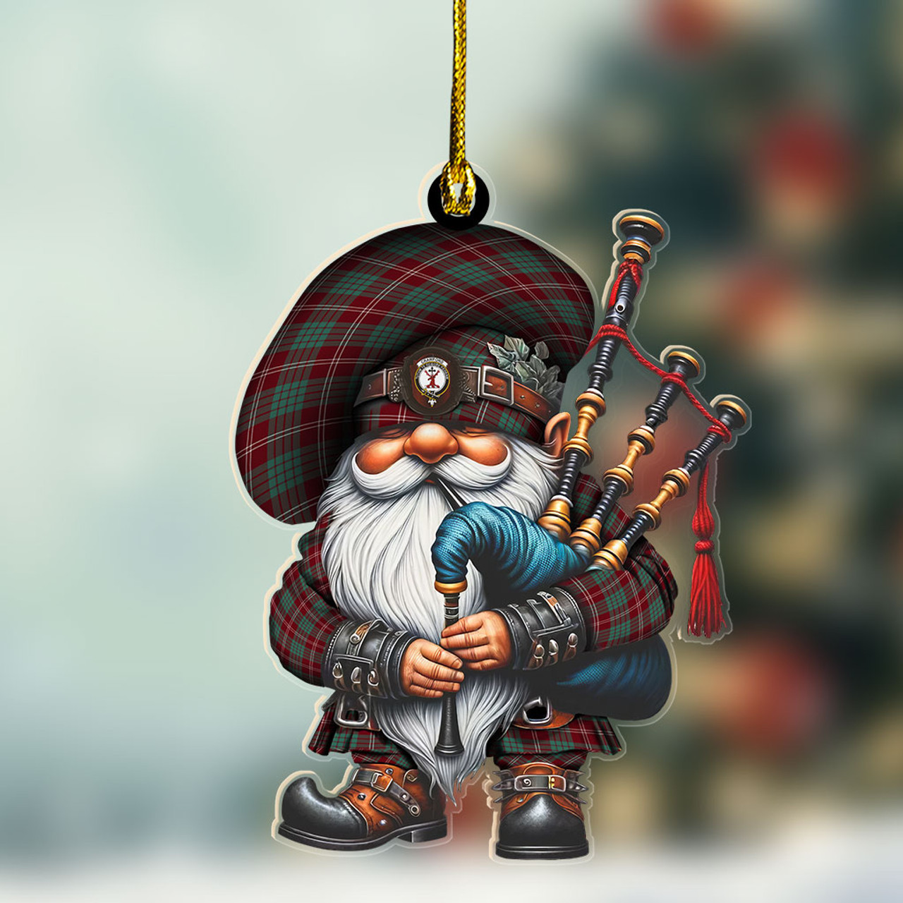 ScotsTee Shop Scottish Crawford Crest Tartan Bagpiper Gnome, Scottish Gnome with Bagpipes Ornament