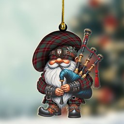 ScotsTee Shop Scottish Crawford Crest Tartan Bagpiper Gnome, Scottish Gnome with Bagpipes Ornament