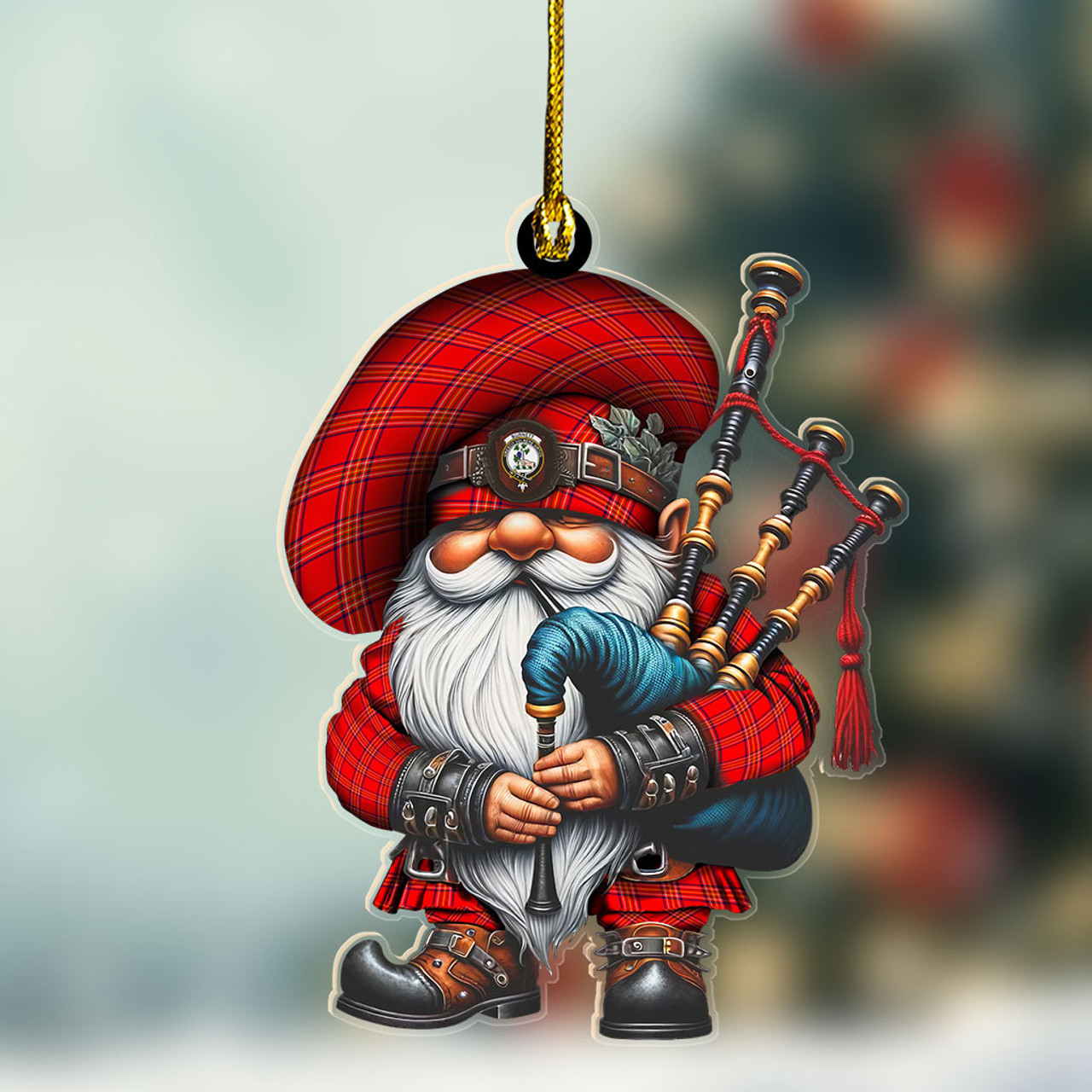 ScotsTee Shop Scottish Burnett Crest Tartan Bagpiper Gnome, Scottish Gnome with Bagpipes Ornament