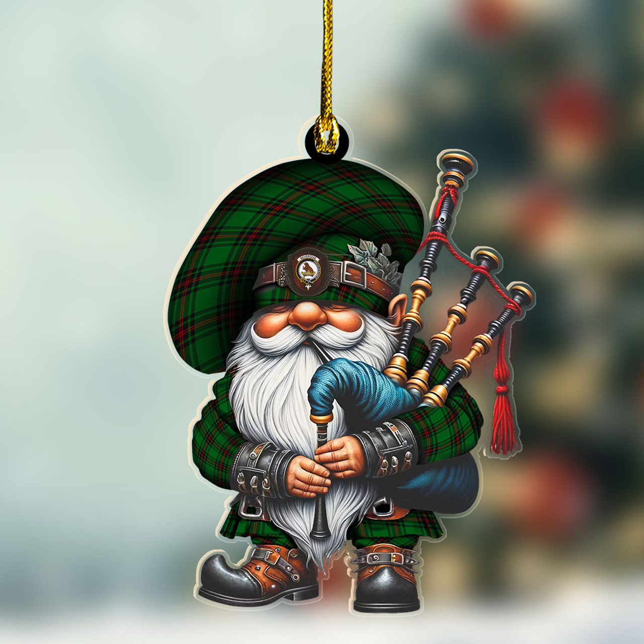 ScotsTee Shop Scottish Beveridge Crest Tartan Bagpiper Gnome, Scottish Gnome with Bagpipes Ornament