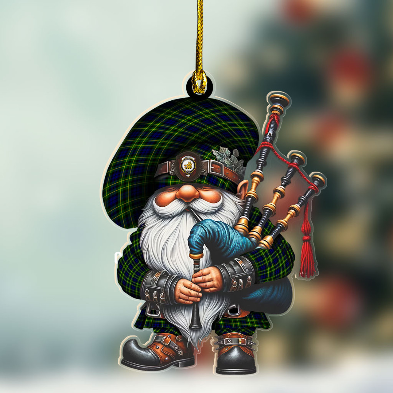 ScotsTee Shop Scottish Campbell of Breadalbane Crest Tartan Bagpiper Gnome, Scottish Gnome with Bagpipes Ornament