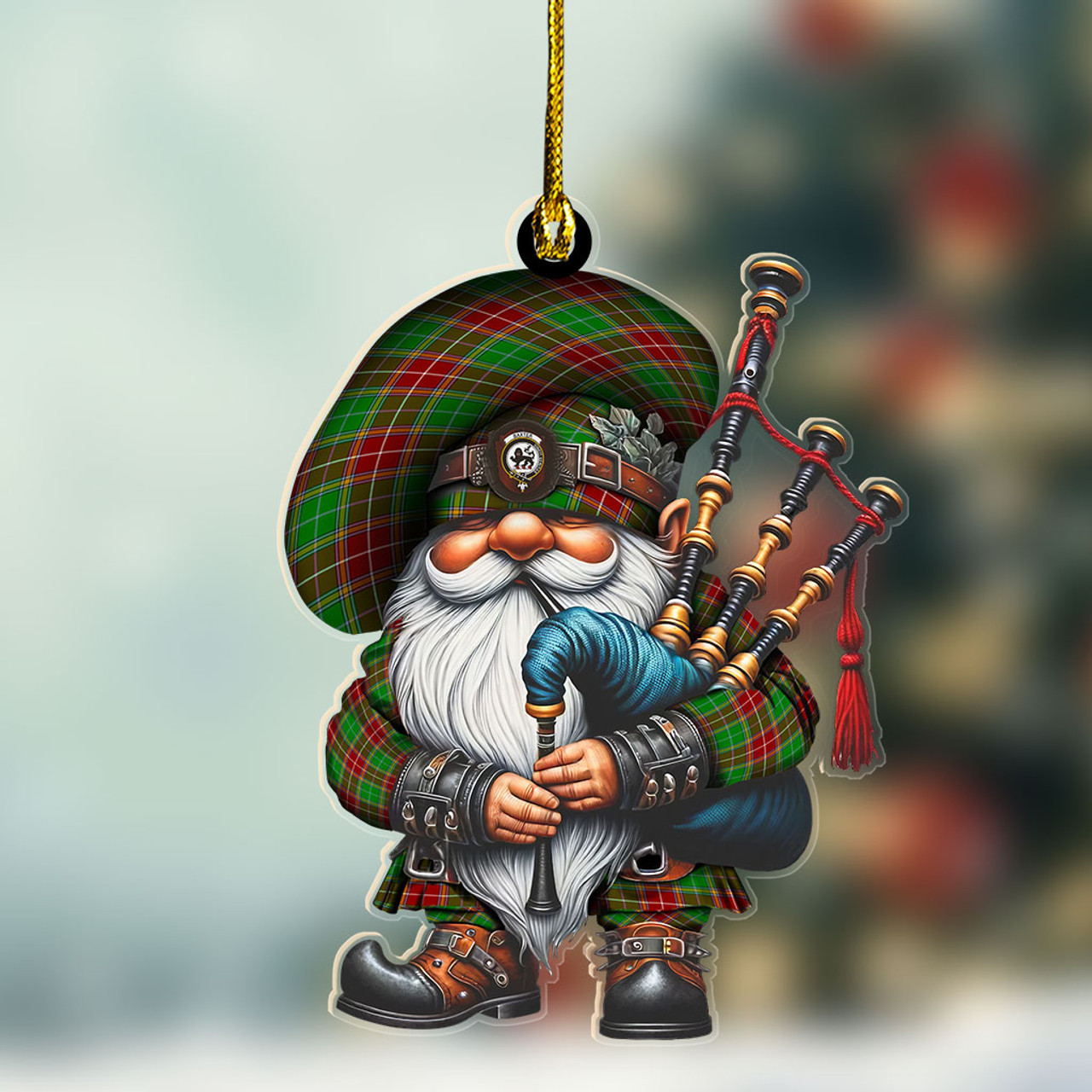 ScotsTee Shop Scottish Baxter Crest Tartan Bagpiper Gnome, Scottish Gnome with Bagpipes Ornament