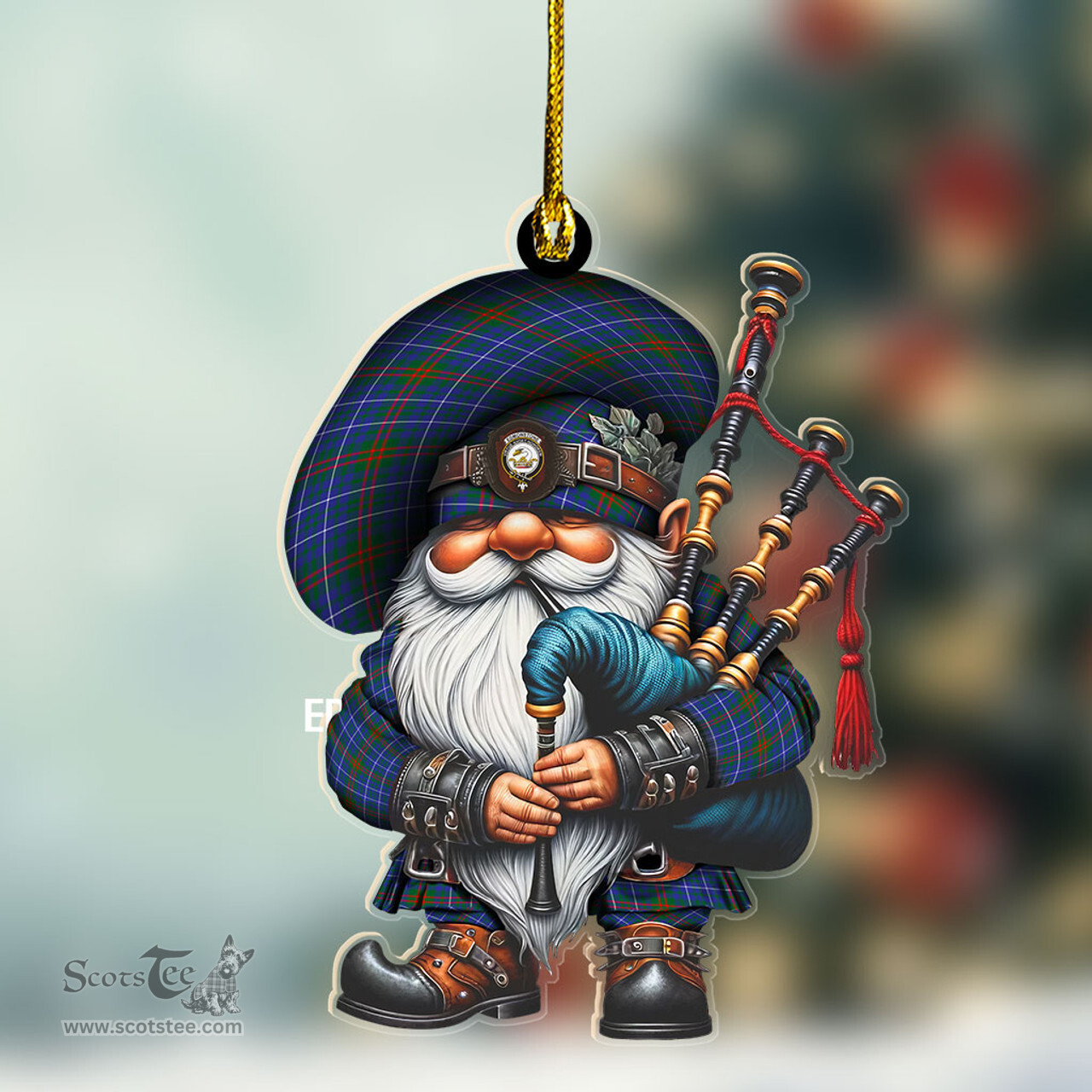 ScotsTee Shop Scottish Edmonstone (of Duntreath) Crest Tartan Bagpiper Gnome, Scottish Gnome with Bagpipes Ornament
