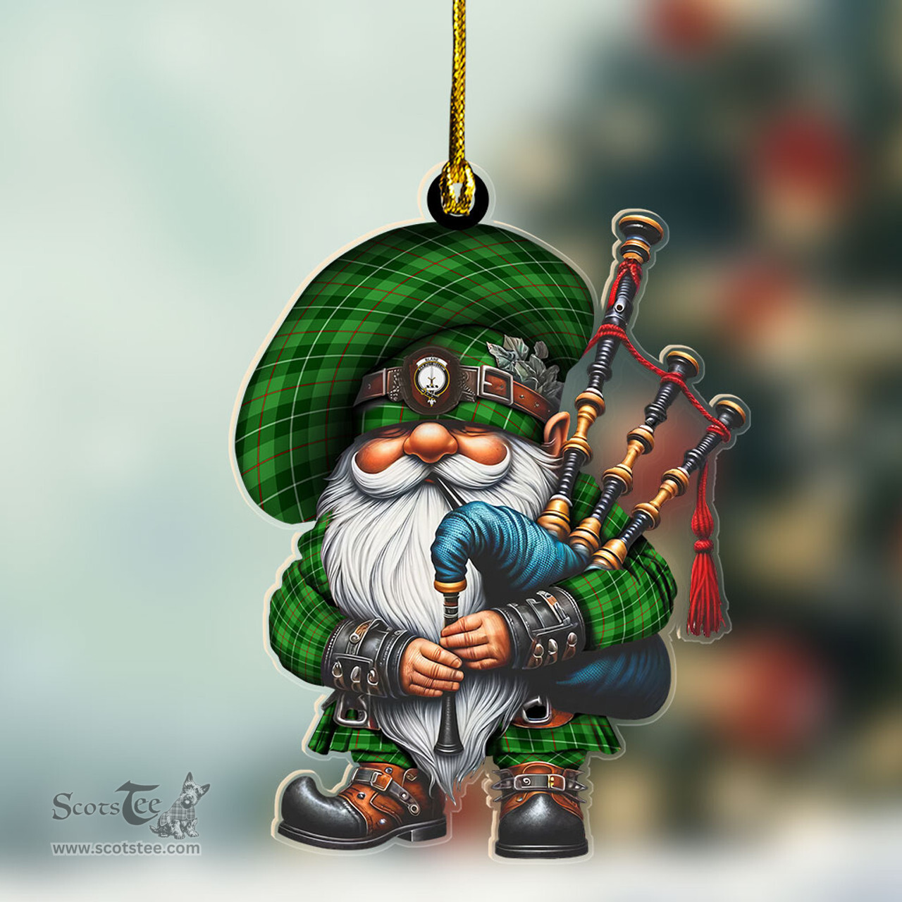 ScotsTee Shop Scottish Blane Crest Tartan Bagpiper Gnome, Scottish Gnome with Bagpipes Ornament