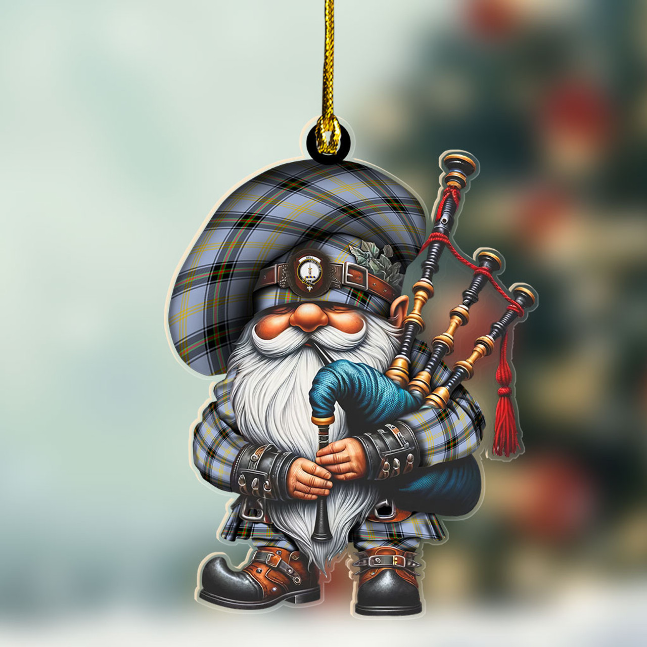 ScotsTee Shop Scottish Bell Crest Tartan Bagpiper Gnome, Scottish Gnome with Bagpipes Ornament