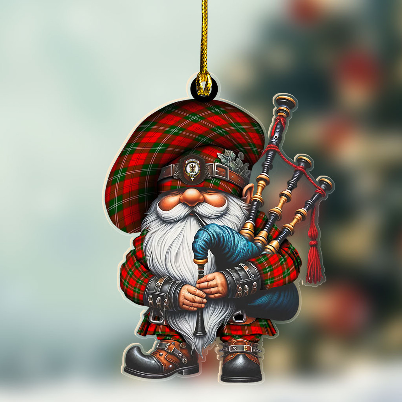 ScotsTee Shop Scottish Gartshore Crest Tartan Bagpiper Gnome, Scottish Gnome with Bagpipes Ornament