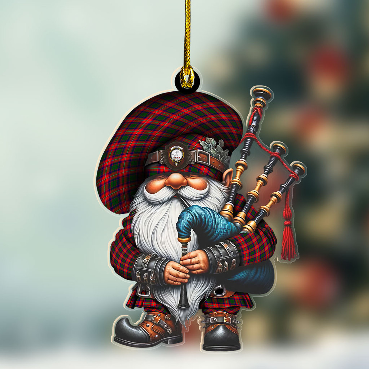 ScotsTee Shop Scottish Riddell Crest Tartan Bagpiper Gnome, Scottish Gnome with Bagpipes Ornament